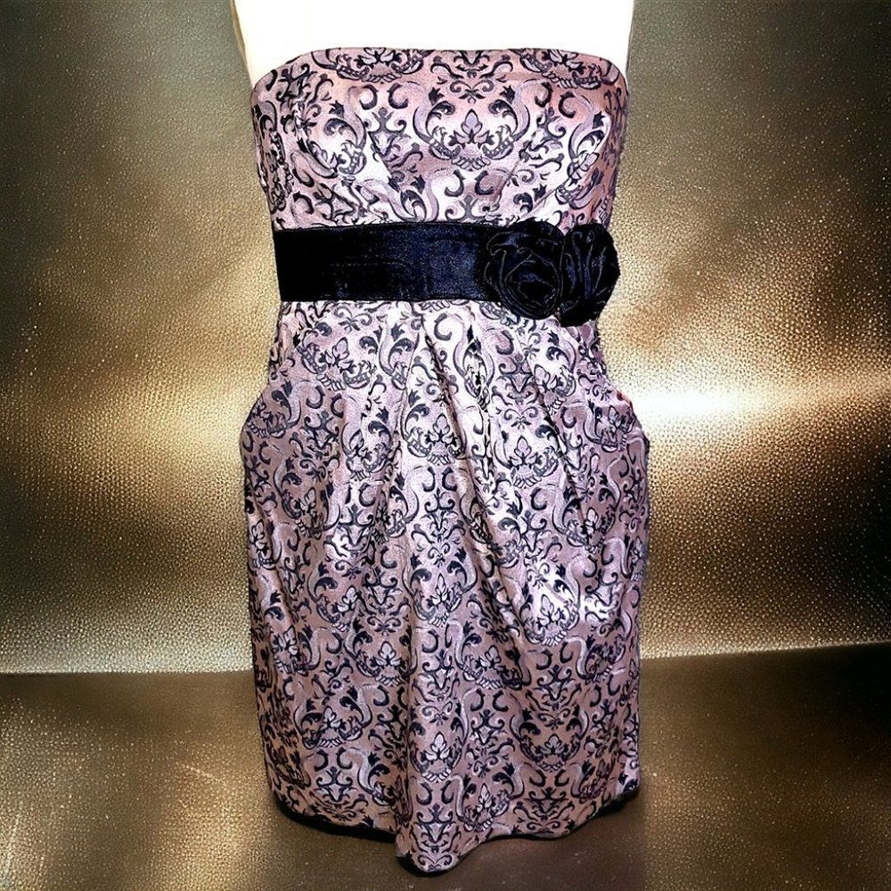 Speechless silver blush black rose sash strapless cocktail dress NWT